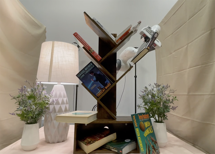 Bookshelf, lamp, and two plants on a table